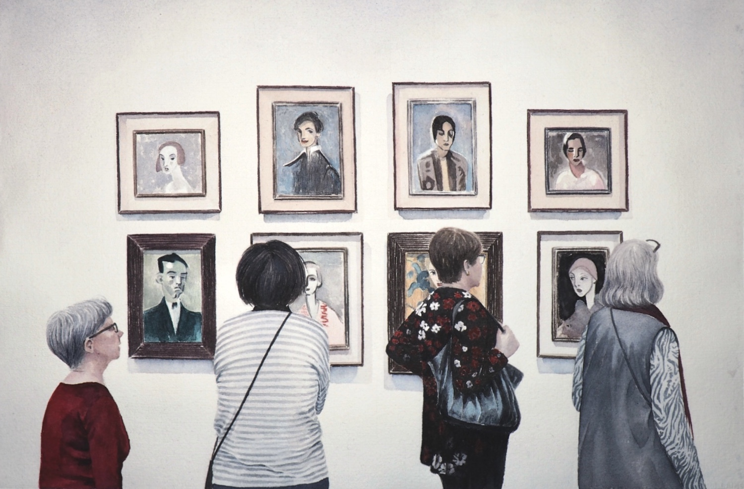 People viewing paintings on a museum wall in Helsinki, a watercolor painting by artist Jenna Laine.